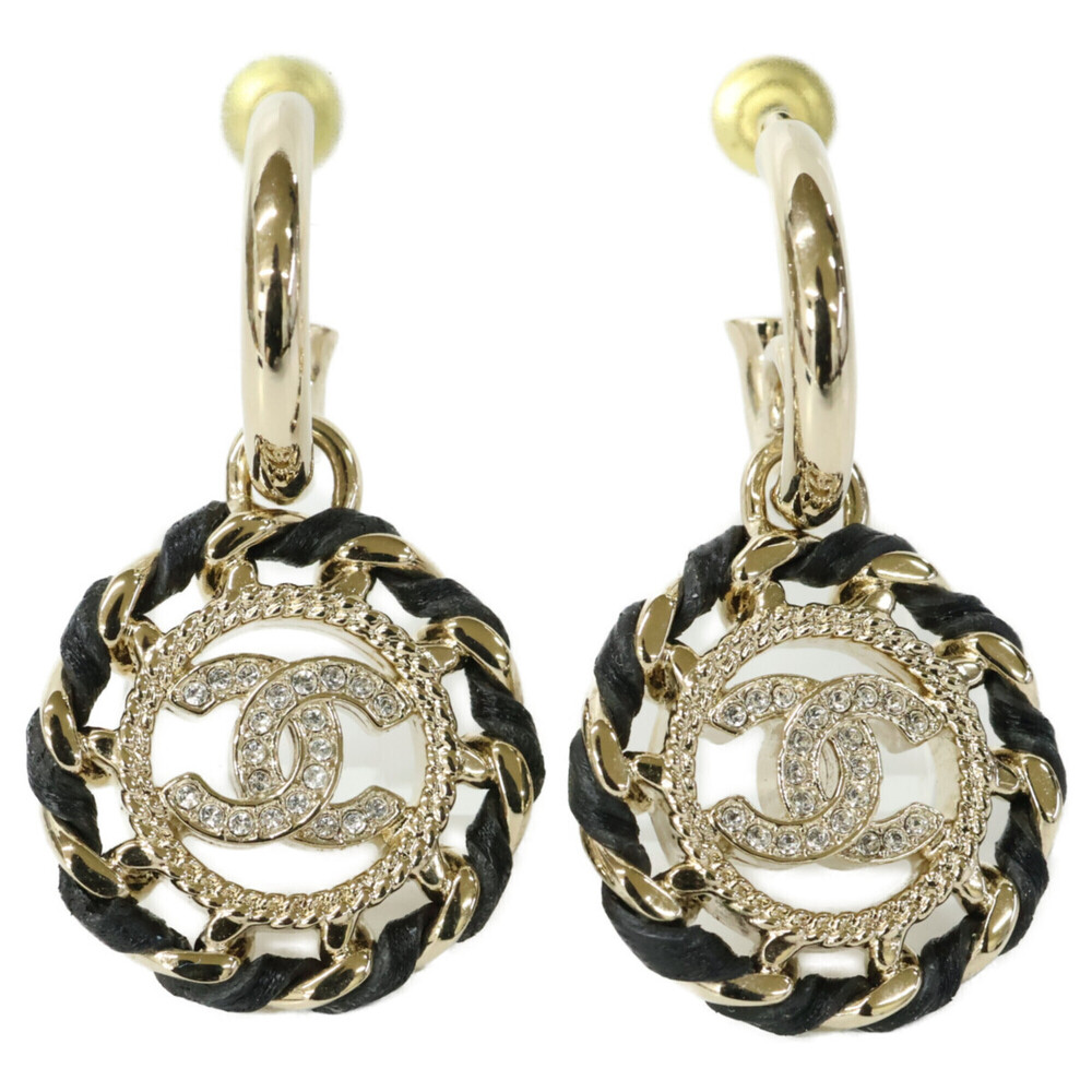CHANEL B26C Rhinestone Coco Mark Chain Design Earrings, Gold & Black, Women's